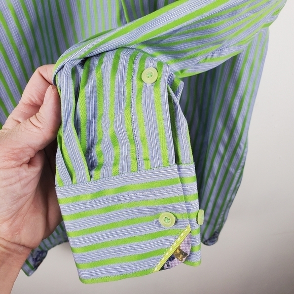 Visconti Black Medium Button up Shirt Green Blue Stripes Long Sleeve Metallic - Picture 13 of 16